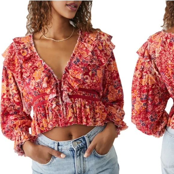 NWT Free People Rudi printed ruffle crop blouse top voluminous bishop sleeves - Picture 2 of 16